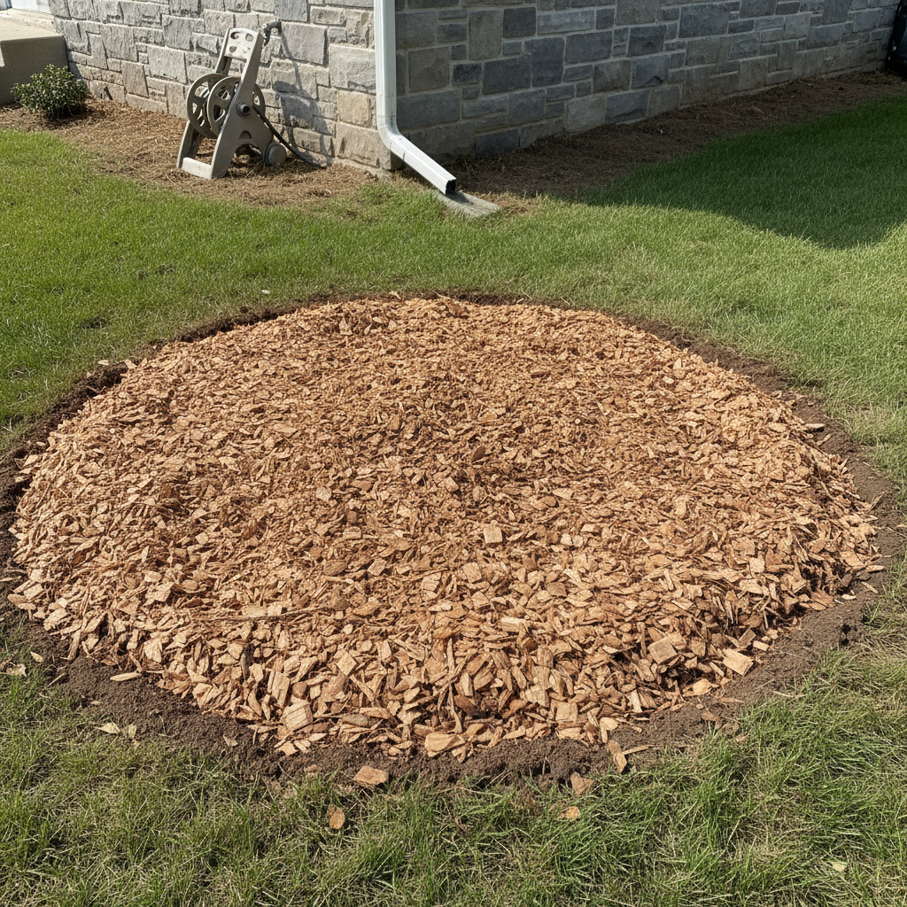 Close-up of the ground after stump grinding, showing wood chip mulch and properly backfilled, compacted soil near a foundation.