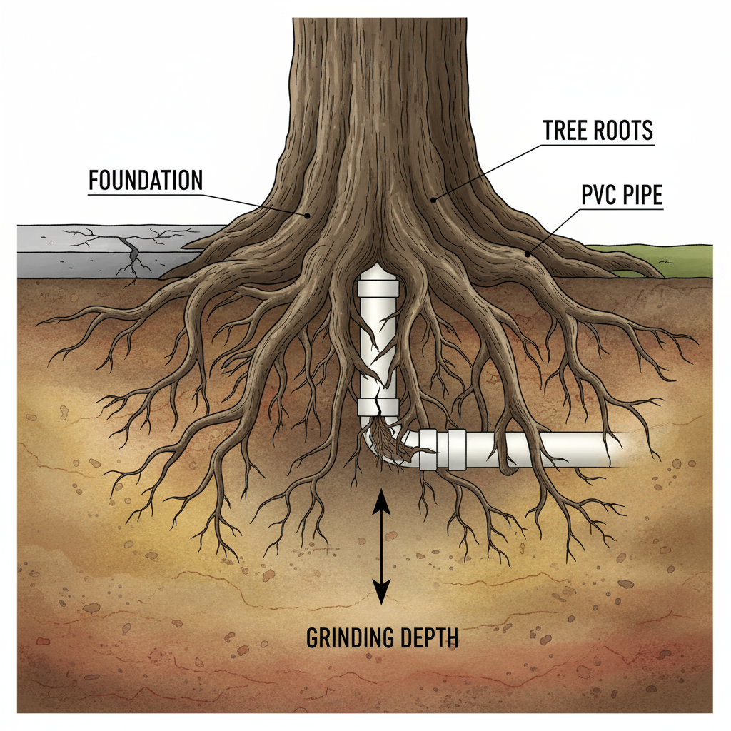 Cross-section diagram illustrating tree roots near a buried utility pipe and the safe, shallow grinding depth.