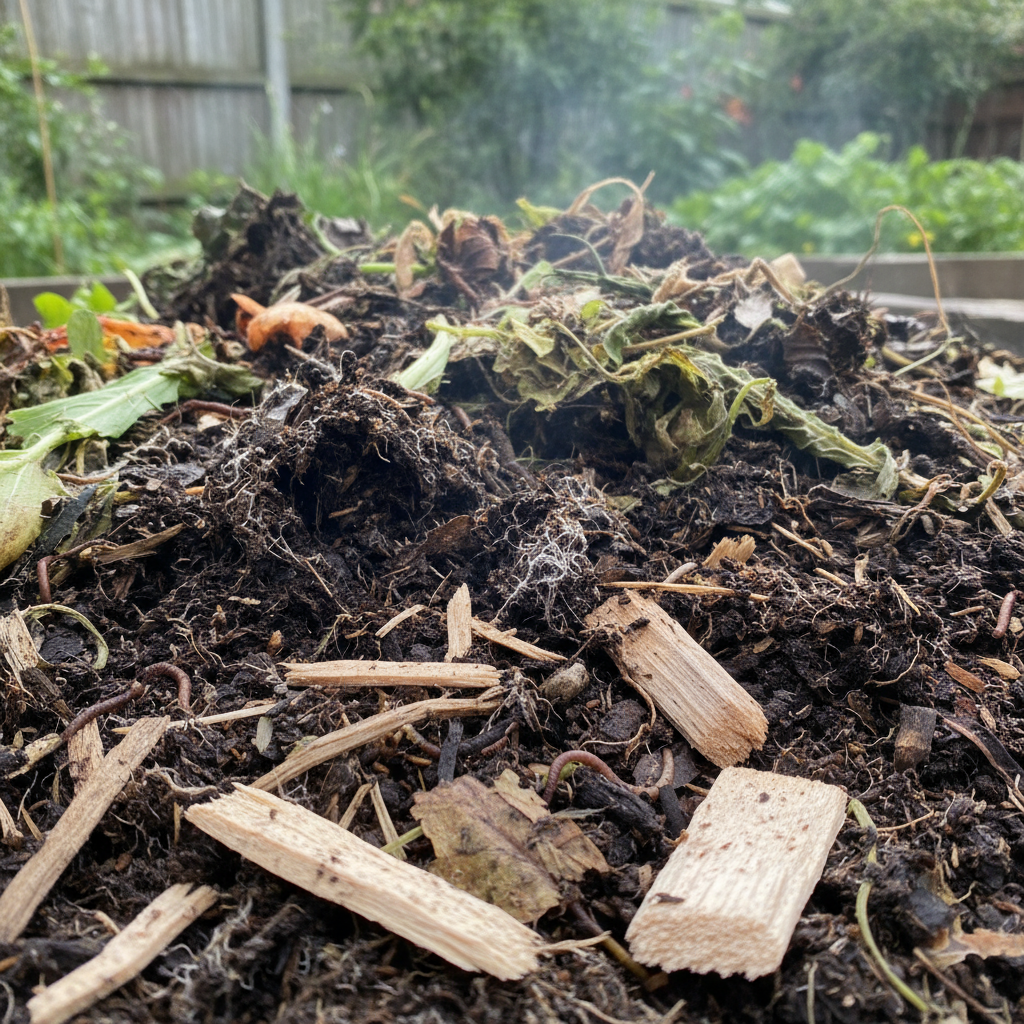 A close-up of wood chips being safely incorporated into a composting pile, showing decomposition and rich soil.